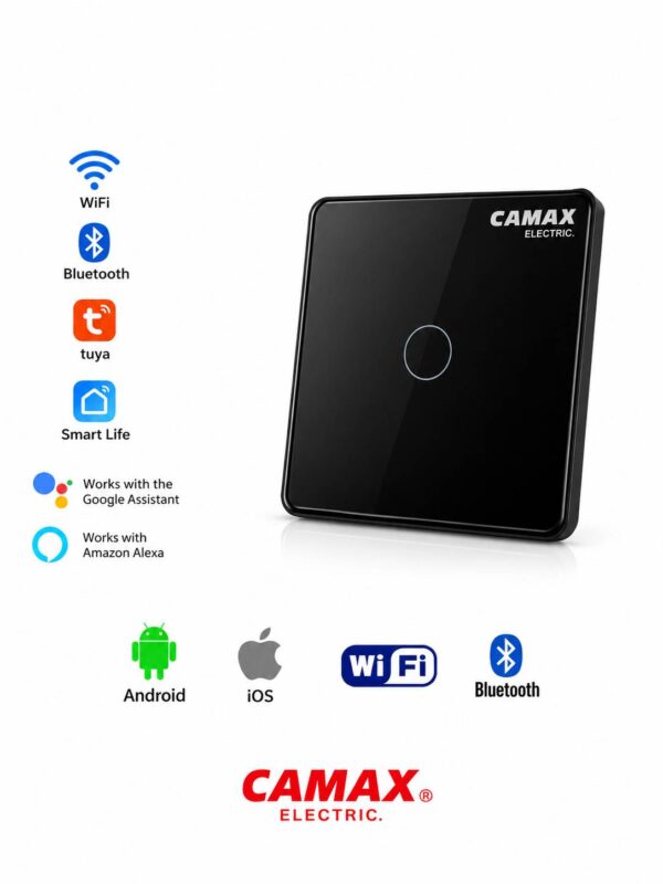 کلید لمسی هوشمند CAMAX تک پل با WiFi، رله ۱۶ آمپر و پنل شیشه‌ای ضدخش