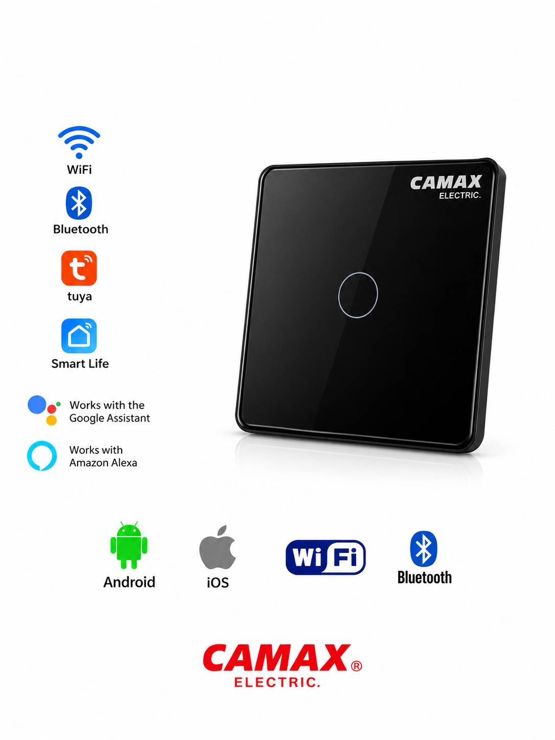 کلید لمسی هوشمند CAMAX تک پل | WiFi | رله ۱۶ آمپر | پنل شیشهای ضدخش کلید لمسی هوشمند CAMAX تک پل با WiFi، رله ۱۶ آمپر و پنل شیشهای ضدخش