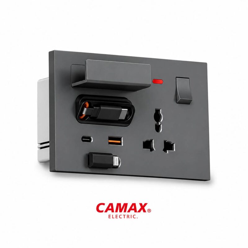 پریز شارژر CAMAX با کابل شارژ جمع‌شونده | USB-C و USB-A | پریز یونیورسال